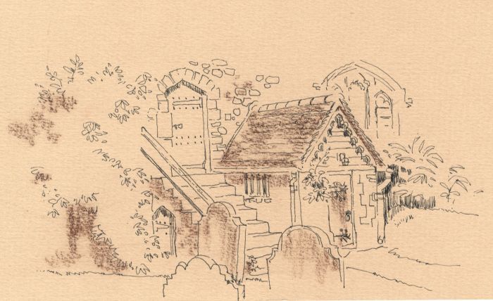 Mid 20th Century Pen and Ink Drawing - Church Graveyard