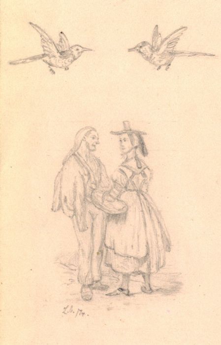 Lilly Gosset - 1874 Graphite Drawing, Couple with Love Birds