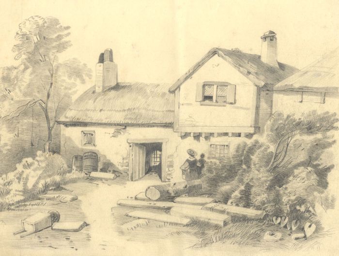 19th Century Graphite Drawing - Country House