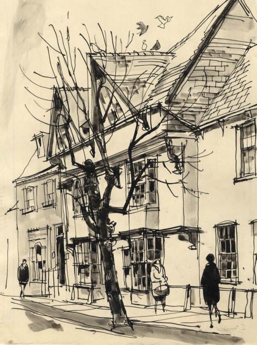 Paul Sharp - Monochrome 1964 Watercolour, Causeway House Horsham Sussex