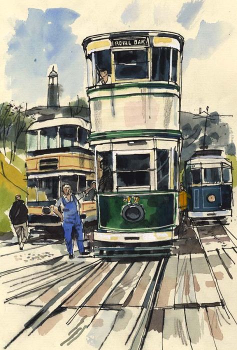 Paul Sharp - 1964 Watercolour, Tramway Museum, Cliff Quarry, Crich, Derbyshire