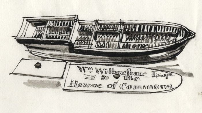 Paul Sharp - 1964 Pen and Ink Drawing, Model Slave Ship, Hull