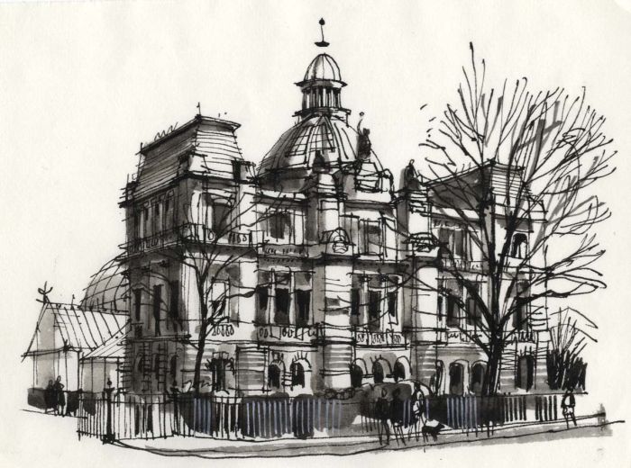 Paul Sharp - 1964 Pen and Ink Drawing, Peoples Palace and Winter Gardens Glasgow