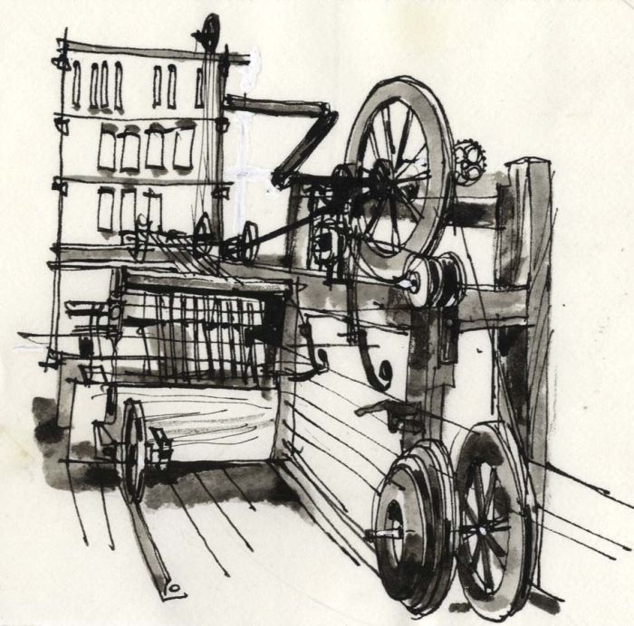 Paul Sharp - 1964 Pen and Ink Drawing, Spinning Mule Crompton Blackburn