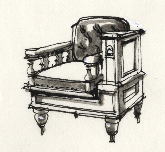 Paul Sharp - 1964 Pen and Ink Drawing, Weighing Chair, Avery's