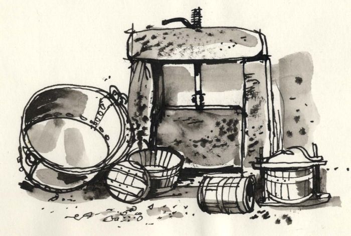 Paul Sharp - 1964 Pen and Ink Drawing, Cheese Presses