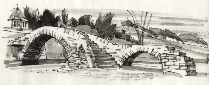 Paul Sharp - Monochrome 1963 Watercolour, Packhorse Bridge, Stow, Scotland