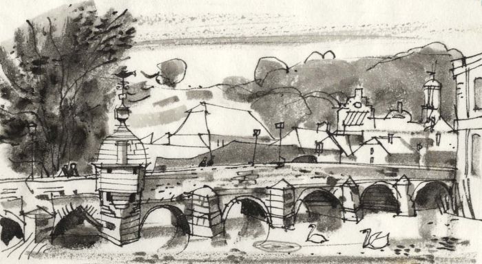 Paul Sharp - Monochrome 1963 Watercolour, Town Bridge, Bradford on Avon