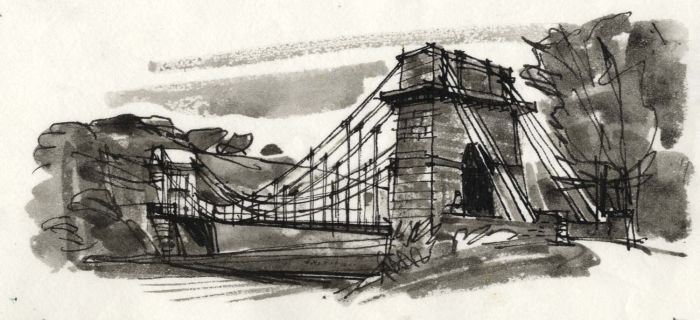 Paul Sharp - Monochrome 1963 Watercolour, Union Bridge over Tweed near Berwick