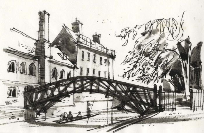 Paul Sharp - Monochrome 1963 Watercolour, The Mathematical Bridge Cambridge