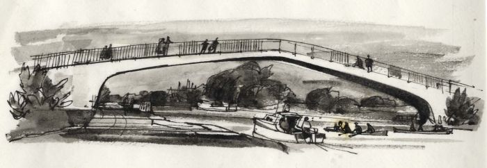 Paul Sharp - Monochrome 1963 Watercolour, Iffley Footbridge