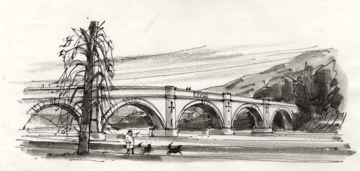Paul Sharp - Monochrome 1963 Watercolour, Dunkeld Bridge by Telford Perthshire