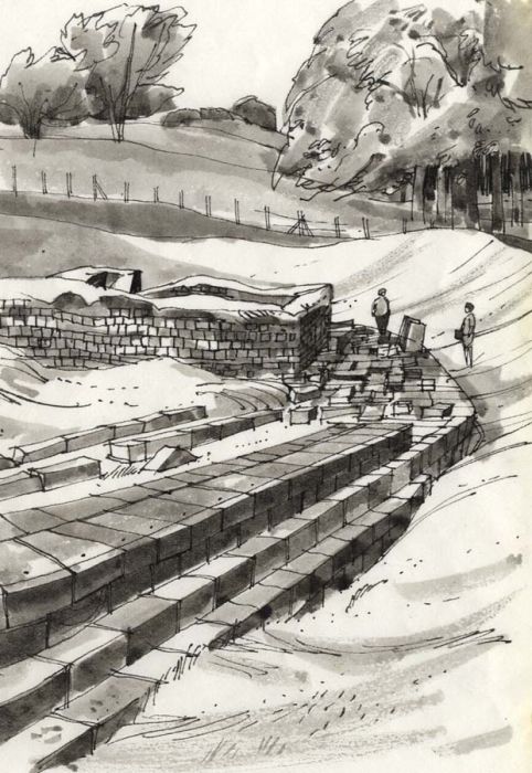 Paul Sharp - Monochrome 1963 Watercolour, Roman Abutment Foundations Chollerford