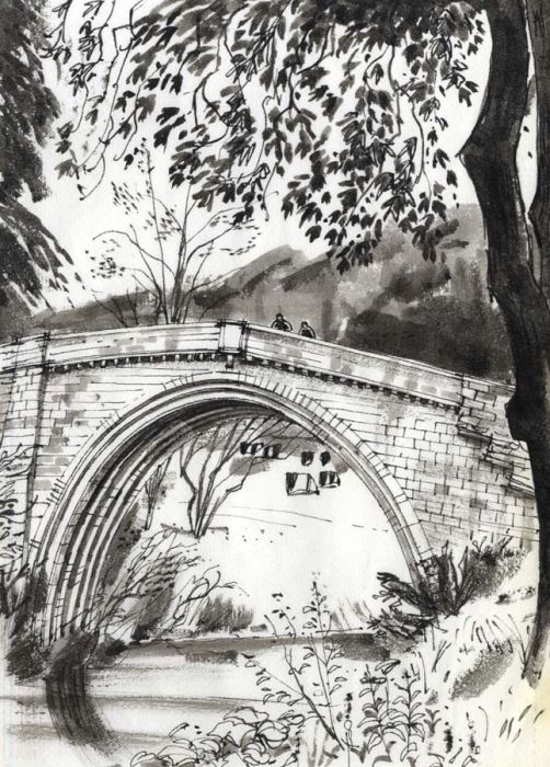 Paul Sharp - Monochrome 1963 Watercolour, Twizel Bridge Till Northumberland