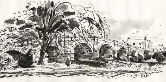 Paul Sharp - Monochrome 1963 Watercolour, Swarkestone Old Bridge Wet Arches