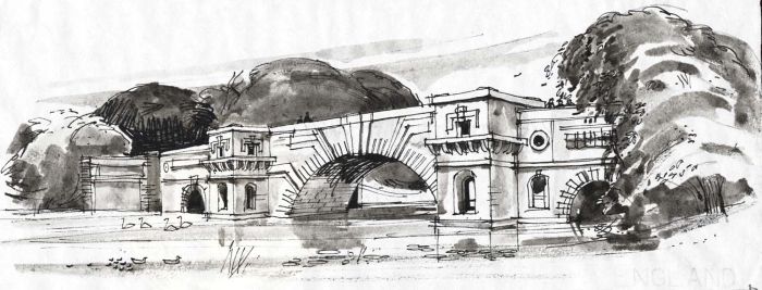 Paul Sharp - Monochrome 1963 Watercolour, Bridge at Blenheim, Oxfordshire