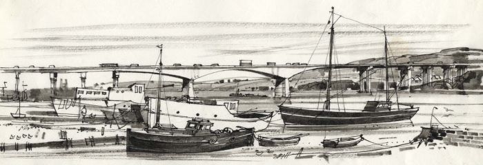 Paul Sharp - Monochrome 1963 Watercolour, M2 Medway Bridge