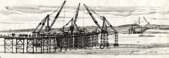 Paul Sharp - Monochrome 1963 Watercolour, New Severn Crossing Under Construction