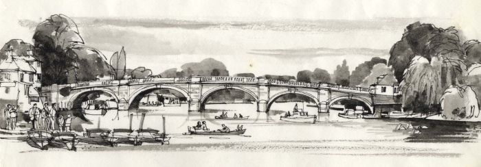 Paul Sharp - Monochrome 1963 Watercolour, Thames Bridge at Henley