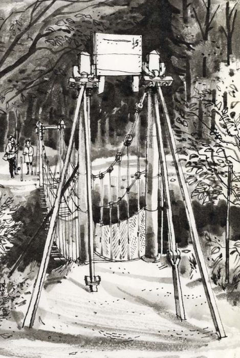 Paul Sharp - Monochrome 1963 Watercolour, Winch bridge Teesdale