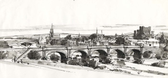 Paul Sharp - Monochrome 1963 Watercolour, Kelso Bridge Roxborough