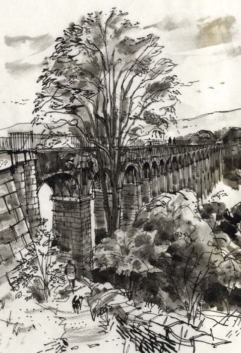 Paul Sharp - Monochrome 1963 Watercolour, Acrefair Aqueduct Denbigh
