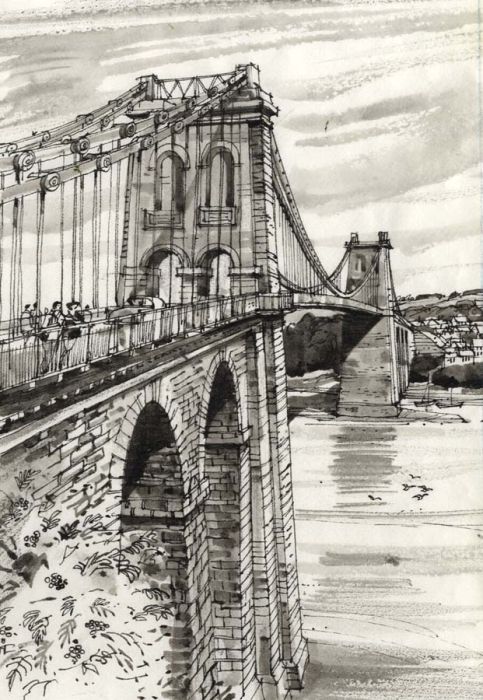 Paul Sharp - Monochrome 1963 Watercolour, Telford's Bridge Menai Straits