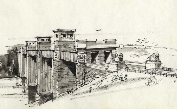 Paul Sharp - Monochrome 1963 Watercolour, Stephenson's Bridge Menai Straits