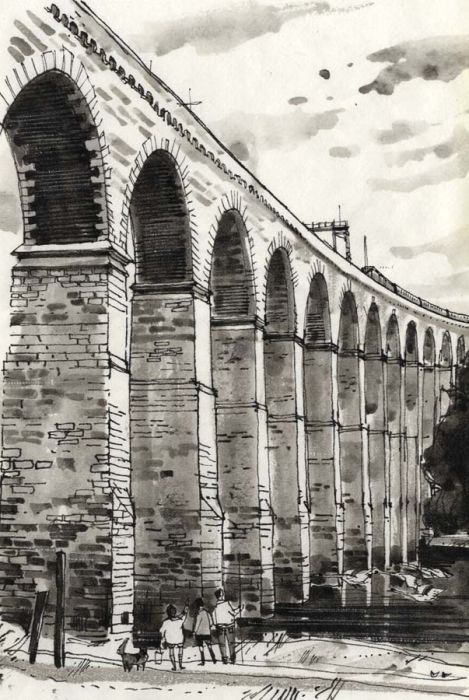 Paul Sharp - Monochrome 1963 Watercolour, Stephenson's Viaduct Berwick on Tweed