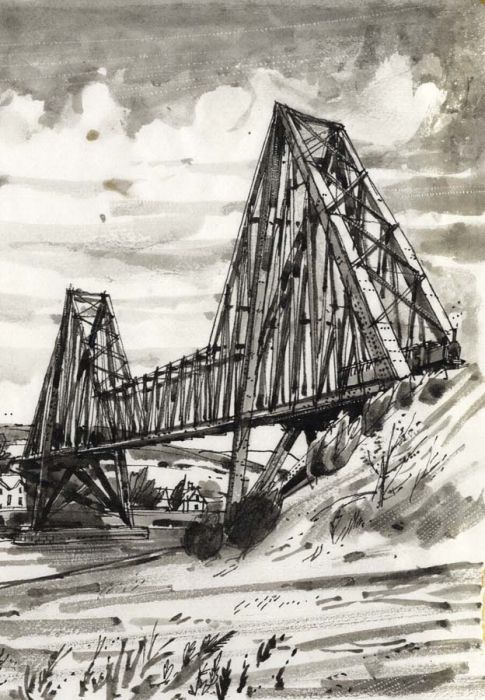 Paul Sharp - Monochrome 1963 Watercolour, Connell Cantilever Bridge Argyll