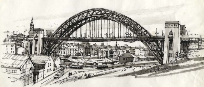 Paul Sharp - Monochrome 1963 Watercolour, Newcastle Steel Arch Bridge