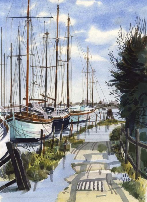 Paul Sharp - 1964 Watercolour, Dolphin Quay Emsworth