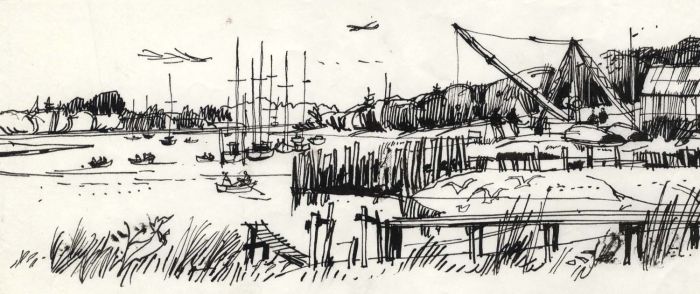 Paul Sharp - 1964 Pen and Ink Drawing, Moorings and Yards at Buckler's Hard