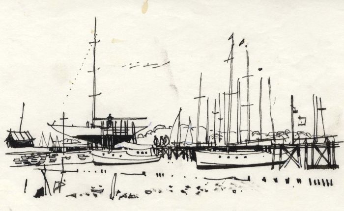 Paul Sharp - 1964 Pen and Ink Drawing, Yards at Hamble