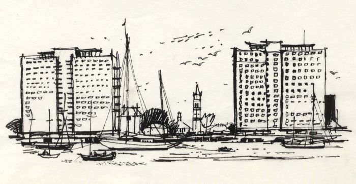 Paul Sharp - 1964 Pen and Ink Drawing, New Flats Gosport