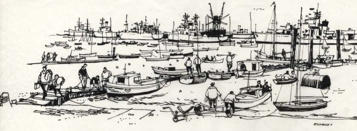 Paul Sharp - 1964 Pen and Ink Drawing, Hardway Portsmouth Harbour