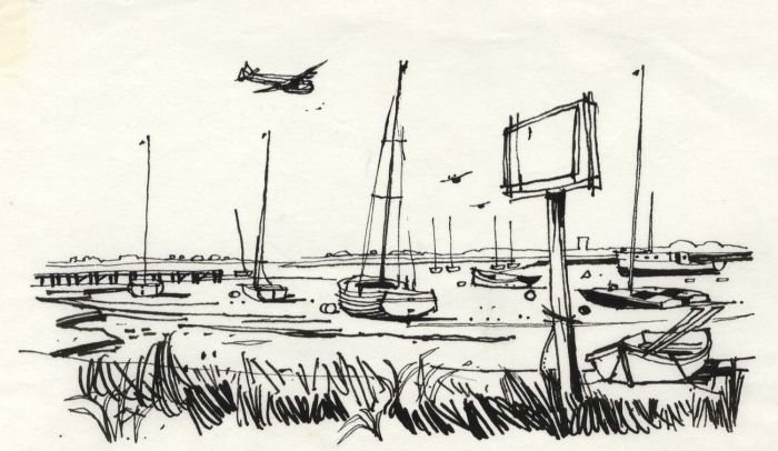 Paul Sharp - 1964 Pen and Ink Drawing, Low Tide Prinsted Looking Thorney Island