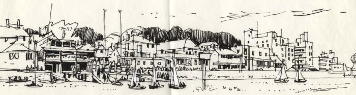 Paul Sharp - 1964 Pen and Ink Drawing, Yacht Club Cowes Isle of Wight