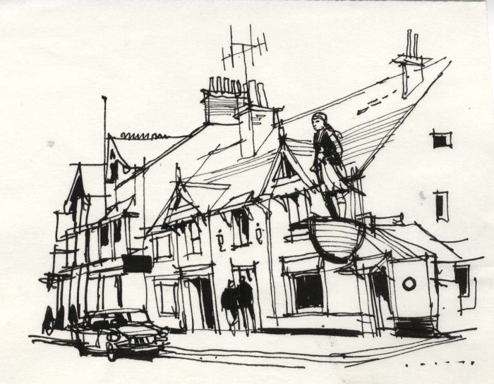 Paul Sharp - 1964 Pen and Ink Drawing, Seaside Pub