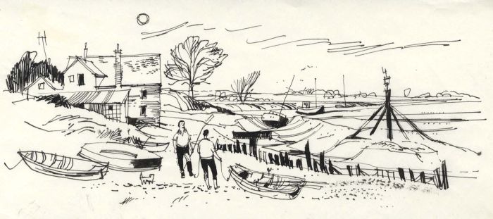 Paul Sharp - 1964 Pen and Ink Drawing, Seaside Scene