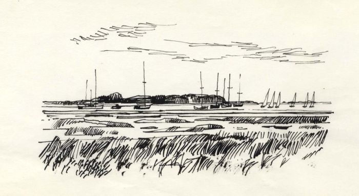Paul Sharp - 1964 Pen and Ink Drawing, Chichester Channel from Opposite Itchen