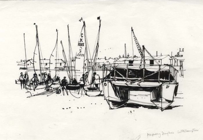 Paul Sharp - 1964 Pen and Ink Drawing, Preparing Dinghies Littlehampton
