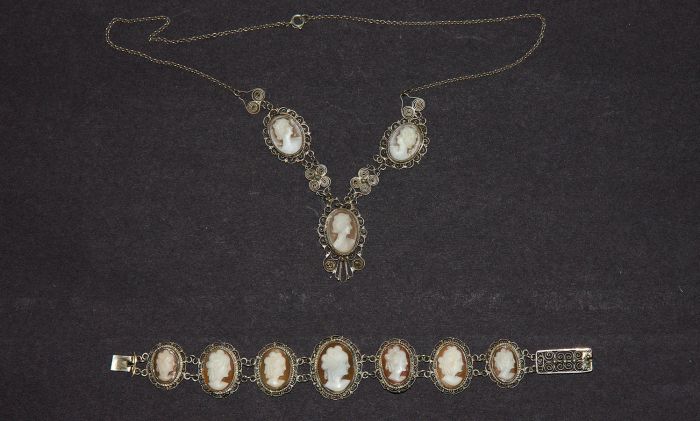 Vintage Silver Filigree Cameo Bracelet and Pendant Set