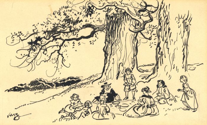 Monogram VMZ - 19th Century Pen and Ink Drawing, Picnic in Greenwich Park