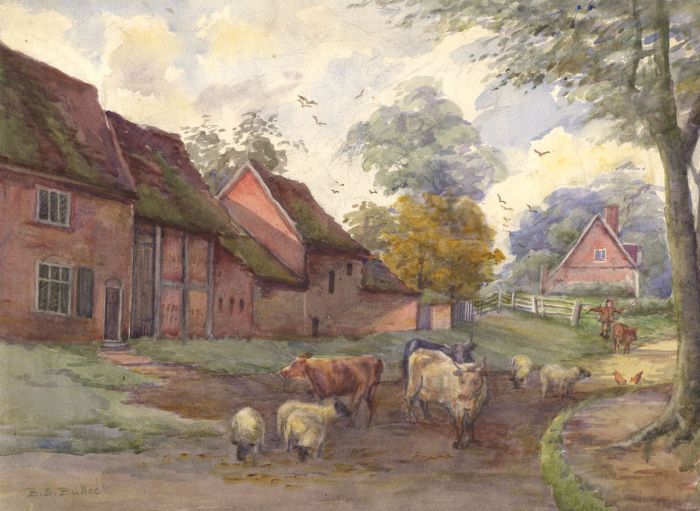 19th Century Watercolour - Farmyard Scene with Figure and Animals