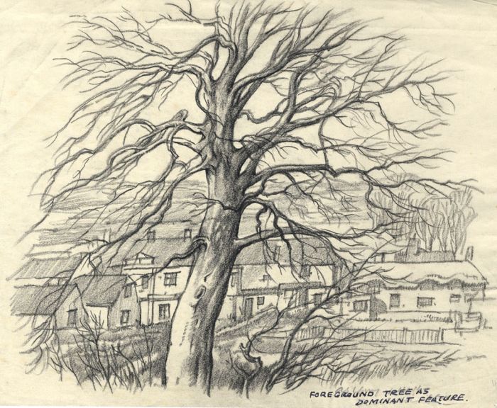 Adrian Hill - Mid 20th Century Charcoal Drawing, Foreground Tree with Buildings