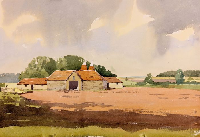 Hugh Spiers - Contemporary Watercolour, Landscape with Farm Buildings