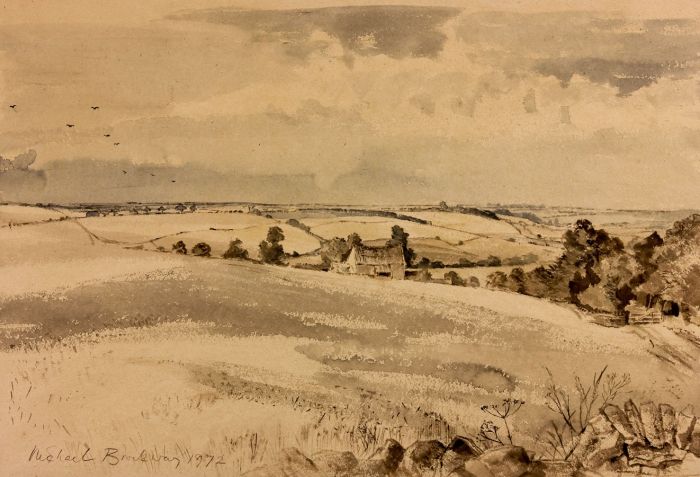 Michael Brockway NEAC - 1972 Watercolour, Cotswold Landscape with Cornfields.