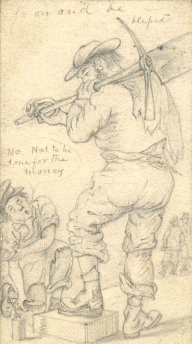 Small 19th Century Graphite Drawing - Axeman and Shoe Shine Boy
