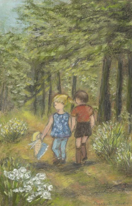 Elizabeth Painter - Contemporary Pastel, Children Walking in a Wood
